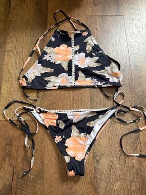 Rhythm Women's Black and Peach Floral Bikini Bottoms
